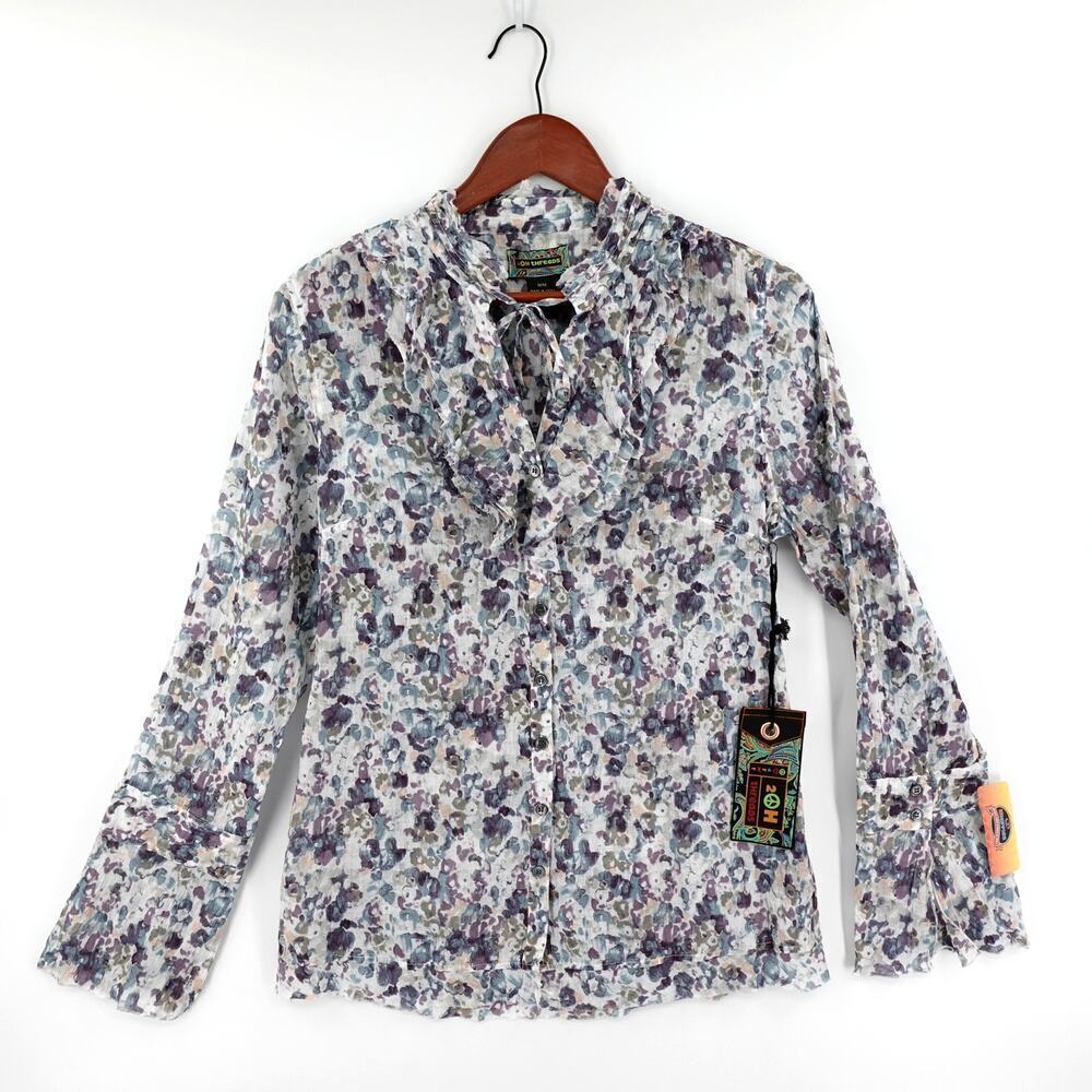 Women Floral Shirt Blouse Purple Gauze Ruffle Whimsy‎ Ethereal Fairy Dainty Boho